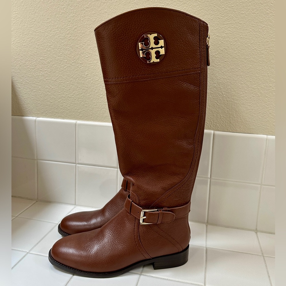 Tory Burch Women Adeline Tory Logo Brown Leather Riding Fashion Boots size 7.5